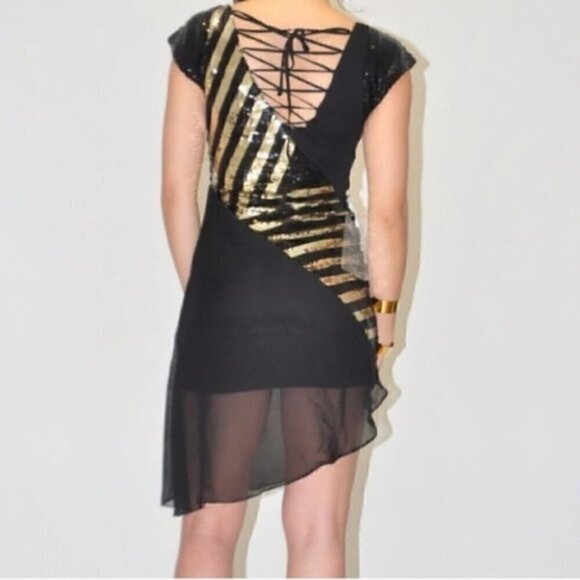 Bebe Dress S NWT Sequin Asymmetrical Sheer Lace Up Holiday New Years Gold - Picture 10 of 11